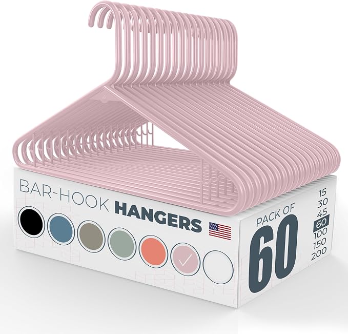 Plastic Hangers 50 Pack (60 Count) – Made in The USA – 6lb Capacity Standard Clothes Hangers with Strap Hooks for Dresses, Lingerie, Shirts, Pants, and Jackets – Pink