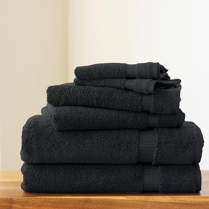 SALBAKOS 100% Turkish Cotton Bathroom Towel Set of 6-Piece, Black | 630 Gsm Thick Super Soft Highly Absorbent 2 Bath + 2 Hand + 2 Washcloth Towels Sets, Giftable, Hotel Quality, Made in Turkey