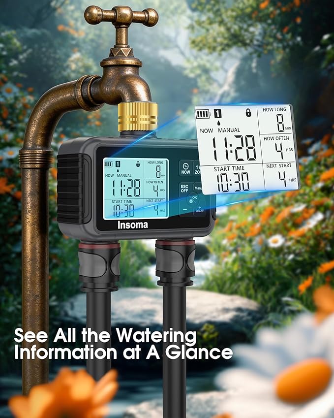 Insoma Water Timer with Brass Inlet & Outlet, 2 Independent Zones Outdoor Hose Timer for Garden Faucet with Auto/Manual/Rain Delay Mode, Sprinkler Irrigation Controller for Yard Lawn