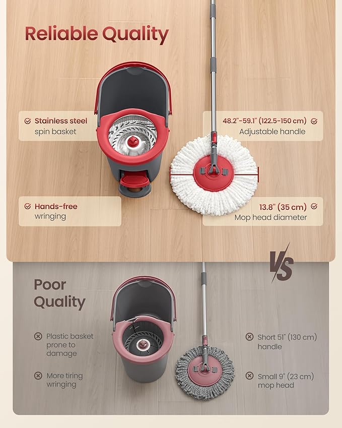 SONGMICS Spin Mop and Bucket Set with Pedal Wringer, Floor Cleaning Mop, Adjustable Telescopic Handle, Max. 59.1-Inch Length, 360° Rotating Head, 3 Microfiber Pads, Gray and Red ULMB002GT03