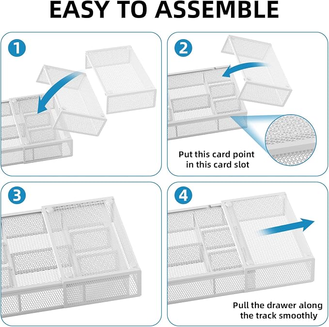 Marbrasse Expandable Desk Drawer Organizer, Mesh Drawer Organizer Tray with 10 Adjustable Compartments, Desk Organizers and Accessories for Office Supplies (Longer Expandable Drawer Organizer-W)