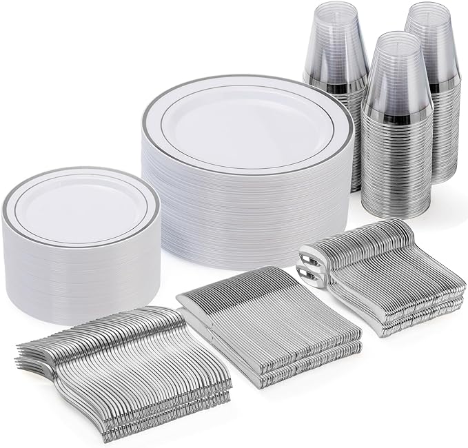 Goodluck 300-Piece Disposable Dinnerware Set for 50 Guests - Silver Plastic Plates, Salad Plates, Cutlery & Cups for Parties & Weddings