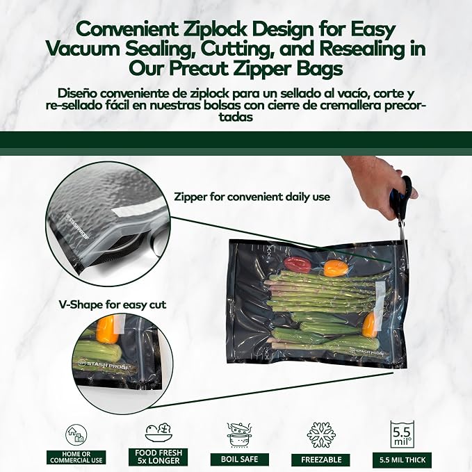 Vacuum Seal Zipper Bags 8" x 12" (100 Count) 5.5 Mil (Black & Clear) Precut BPA Free Resealable Heavy-Duty Commercial Grade Food Sealer Bags for Food Saver,Sous Vide, Meal Prep, Freezer Storage