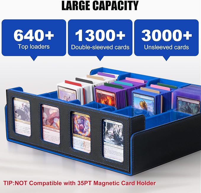 Trading Card Storage Box with Commander Display , 4-Row Deck Case with Removable Lid; 2400+ Card Deck Box for MTG TCG Sports Card, 4 Top Loaders, 4 Stoppers, 24 Dividers,1 Dice Bag (Black Blue)