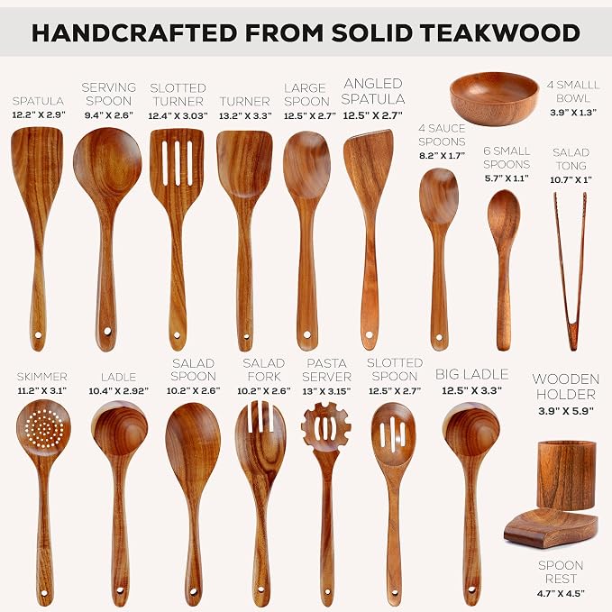 Zulay Kitchen 30-Piece Teak Wooden Utensils - Natural Teak Cooking Utensils with Premium Gift Box - Non-Stick Wooden Spoons - Kitchen Gift Set - Comfortable Grip