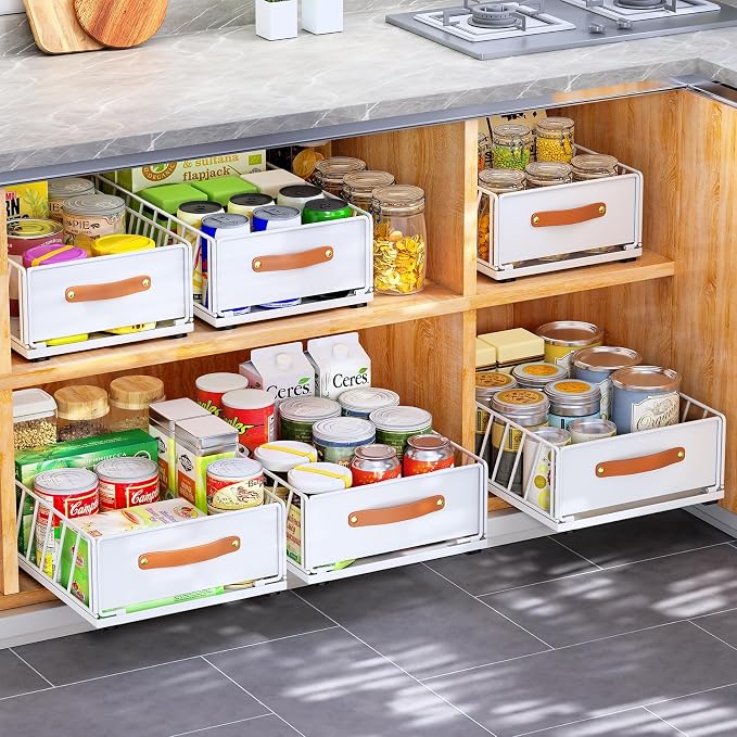 4Pack Pull out Cabinet Organizer,Heavy Duty Slide out Pantry Shelves Drawer Storage with Adhesive Nano Film,Sliding Mesh Basket with Handle for Kitchen, Bathroom, Home, 11.8W" X 15.7"D X 6.2"H,White