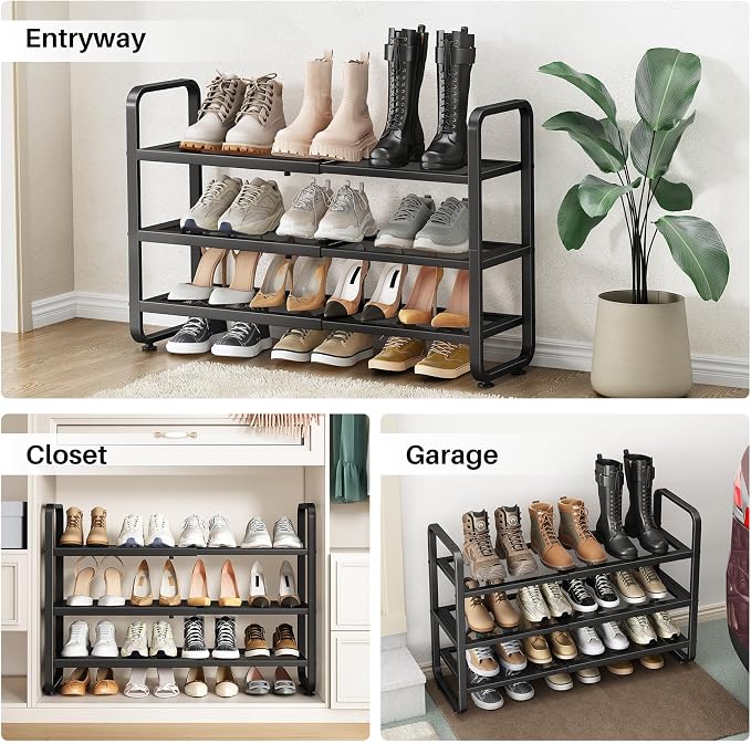 SNTD Shoe Rack - Expandable Shoe Organizer for Closet, Adjustable Metal Shoe Shelf Storage, Stackable Long Shoe Stand Holder for Garage, Entryway, Door Entrance (Black, 3-Tier)