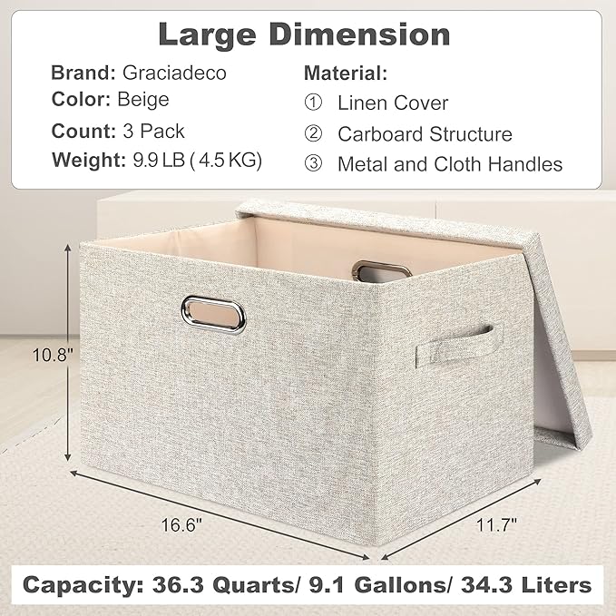 Graciadeco Large Quart Collapsible Stackable Storage Bins with Lids, 3 Packs Beige Linen Fabric Closet Boxes with Lids, Storage Cube Baskets Container Organizers for Bedroom Office(16.6 x 11.7 x 10.8)