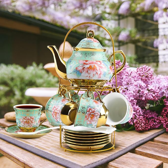 20 Pcs Porcelain Tea Set with Metal Holder and Spoon, European Ceramic Tea Set for Adults, European Flower Painting Teapot Cup Saucer Spoon Set for 6, Gift Pack