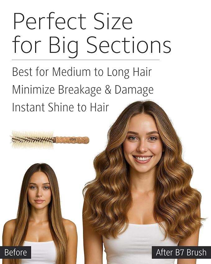 Ibiza Hair Boar Bristle Round Brush (B7-70mm) | Blonde Bristles & Cork Handle | Ideal for Color Treated Tresses | Big Waves or Tight Curls | Adds Shine & Texture for Long Styles & Large Sections