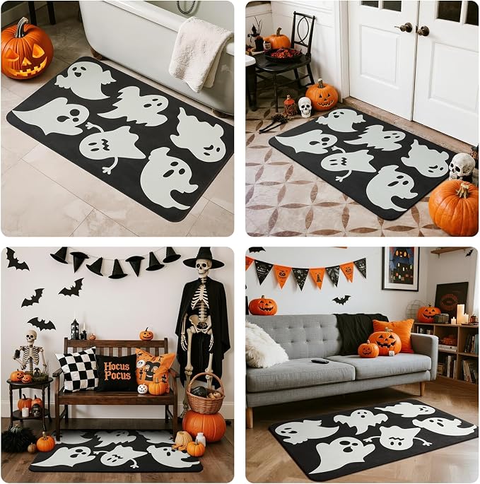 TYUU Halloween Bath Mat, Thin Halloween Bathroom Rug Non Slip Quick Dry Ghost Bath Mat Fits Under Door Thin Floor Mat Halloween Decor, 17''x30'', Ghosts Black