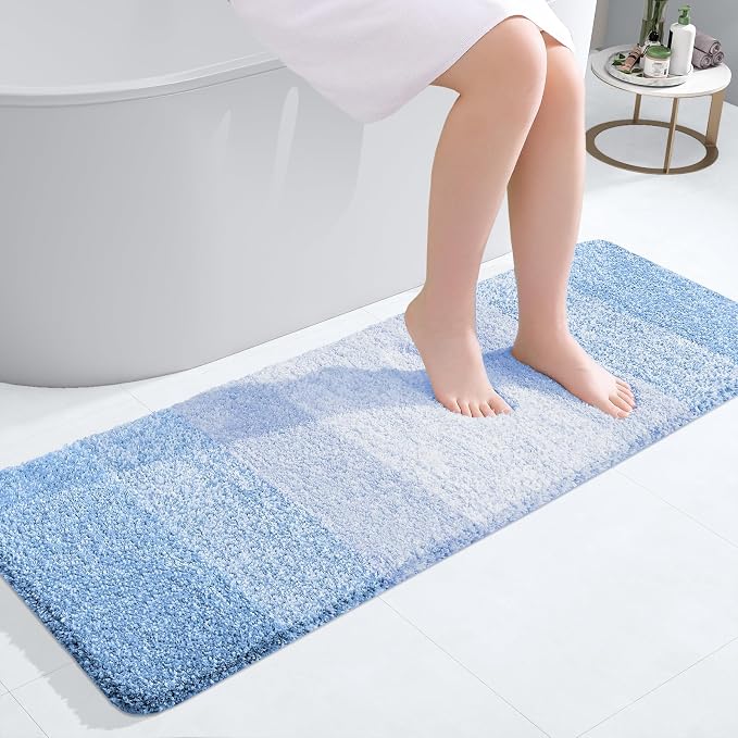 OLANLY Bathroom Runner Rugs Mat 47x17, Extra Soft Absorbent Microfiber Bath Rugs, Rubber Backing, Quick Dry, Washable Long Bath Mats for Bathroom, Tub and Shower, Home Decor Accessories, Light Blue
