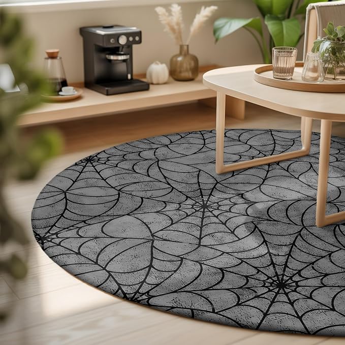 Round Area Rug 6', Grey Halloween Washable Area Rugs for Living Room Kitchen Bedroom Nursery Dining Room, Black Spiders Net Classic Gingham Non Slip Door Mat Indoor Floor Throw Circle Carpet