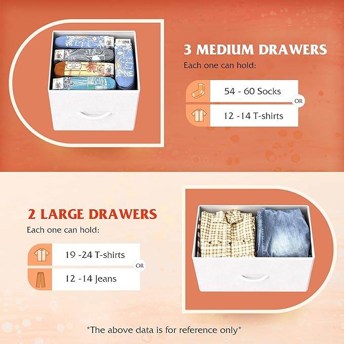 WLIVE 5 Drawer Dresser for Bedroom, Wide Chest of Drawers, White | 5 roomy fabric drawers, Wide low-profile design, Bedroom or closet use, Sturdy steel frame, Smooth wood tabletop