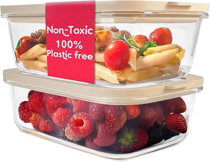 Non-Toxic Glass Food Containers with Lids, 2-Pack, 50 oz, Airtight, Beige | Plastic & BPA free. Glass body, glass lid & platinum silicone seal. Airtight & leakproof. Freezer & microwave safe.