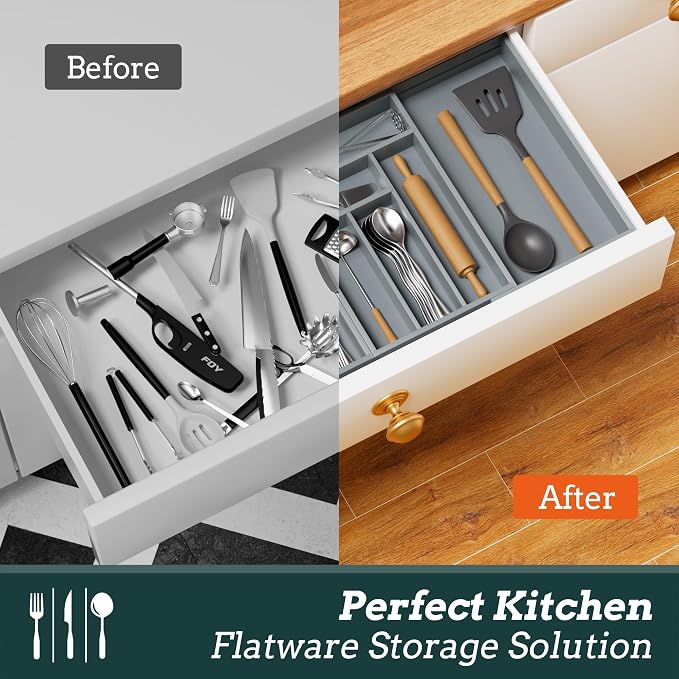 Silverware Organizer Large, Magnetic Connected Expandable 13 Slots Silverware Drawer Organizer from 21 to 37.4 Inches, Adjustable Flatware and Cutlery Holder, Bamboo Utensil Tray for Kitchen Gray