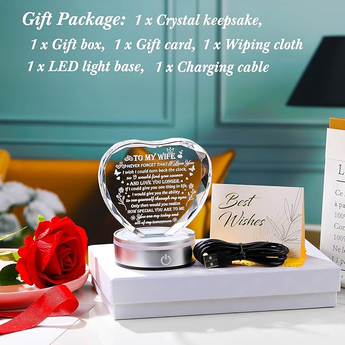 Gifts for Wife - Crystal Keepsakes Wife Gifts from Husband with Colorful LED Base Best Christmas Birthday Gifts for Wife Romantic Anniversary Wedding Gifts to My Wife Valentine Mother's Day Gift Ideas