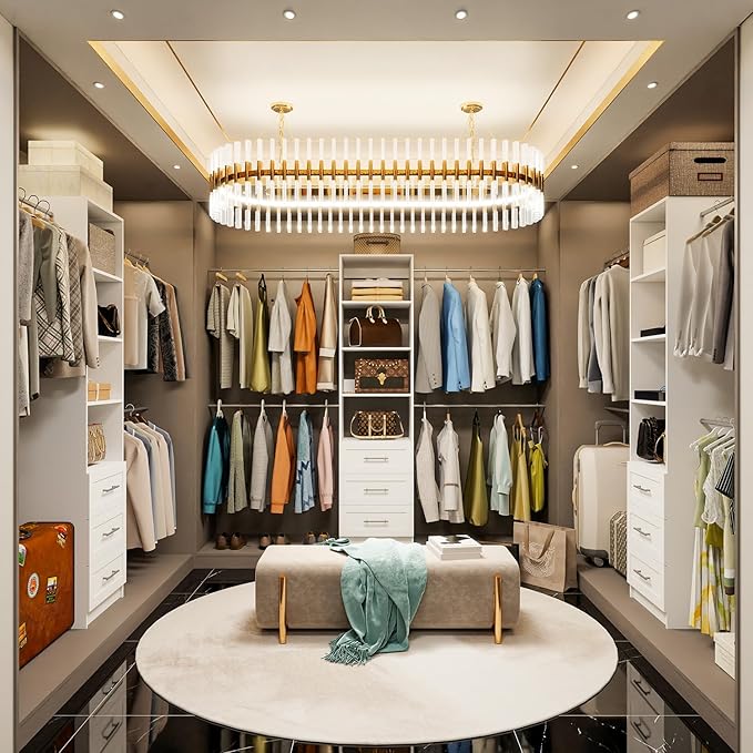 Closet System, 5FT-8FT Closet Organizer System with 3 Wooden Drawers, 99" Walk In Closet Organizer and Storage with 4 Expandable Hanging Rods, Wall Mount, White