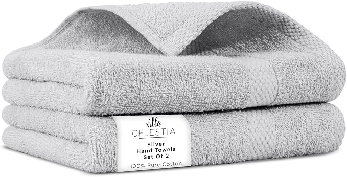 Villa Celestia Cotton Hand Towels Set of 2, 16 x 28, Oeko-TEX Certified, Quick Dry, Silver