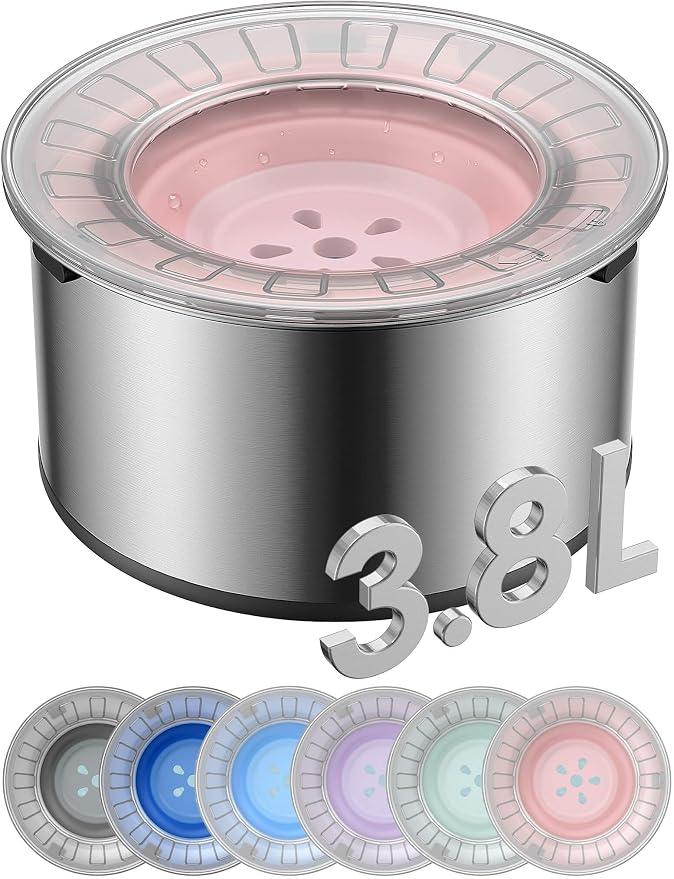Heouvo 1 Gallon No Spill Dog Water Bowl with Slow Drink Floating Disk(Pink) | Splash-Proof Lid + Stainless Steel Bowl/Rubber Bottom/Slobber Stopper Water Bowl for Large Sloppy Messy Drinkers Reduce Mess