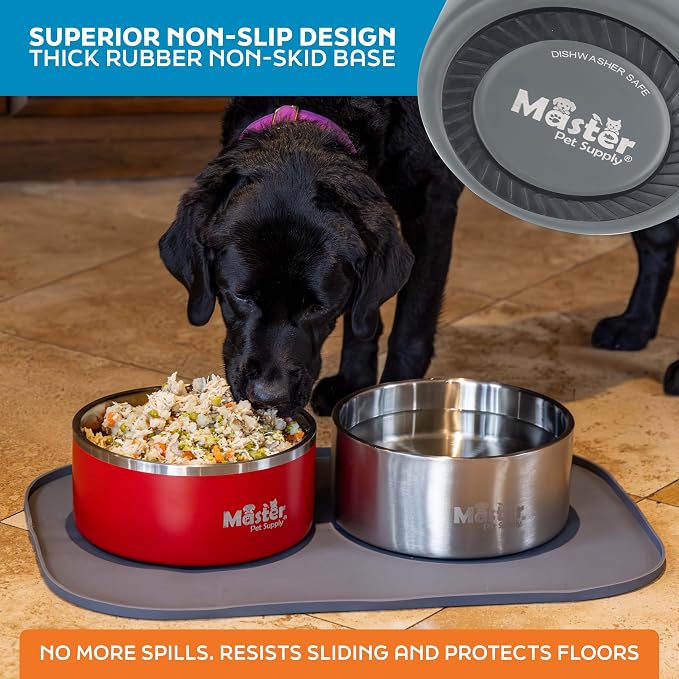 Master Pet Supply Stainless Steel Dog Bowls - 128 oz, Heavy Duty - Graphite, Double Wall Extra-Thick Insulated, Non-Slip Pet Water Bowl for Dogs, Cats & Pets, Anti Rust Metal, Dish Washer Safe