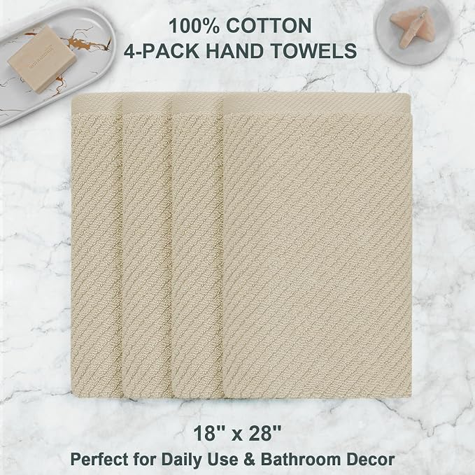 VOOVA & MOVAS Hand Towels 4PC, 100% Cotton, 18x28 in, Tan Taupe | Thick, Quick Dry, Soft, Absorb, Bathroom Essentials, Perfect For Shower, Gym, Daily Household
