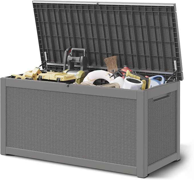 300 Gal Deck Box, Outdoor Storage Box Waterproof Lockable, Gas Lift,Grey | Large sturdy resin deck box, double wall panels, waterproof backyard storage for package delivery, garden hoses outdoor tools