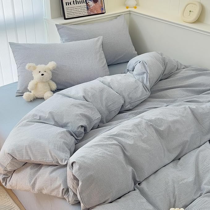 mixinni Striped Duvet Cover Set- 100% Washed Cotton Blue Comforter Cover with White Pinstripe Stripes Pattern Printed Bedding Set with Zipper Closure, 3 Pieces,Full Size