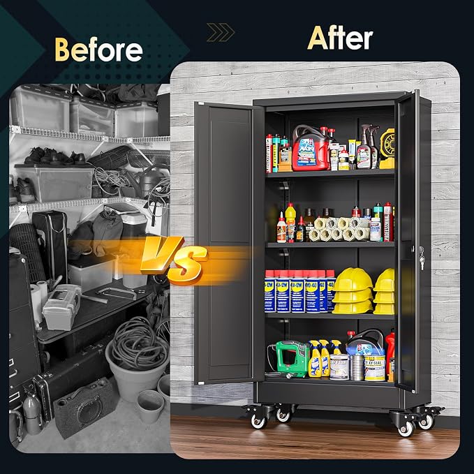 PAOFIN Metal Garage Storage Cabinet with Wheels,Steel File Cabinets with 2 Doors and 3 Adjustable Shelves for Home Office, Warehouse, Required Assembly,Black
