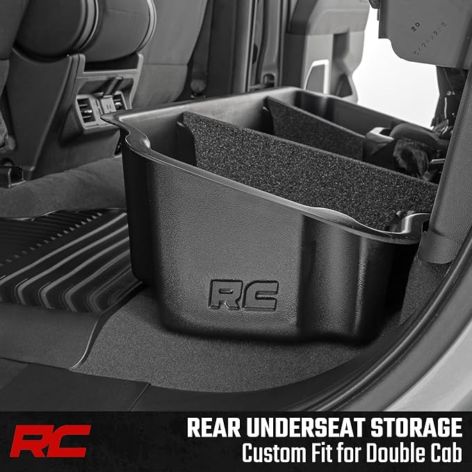 Rough Country Under Seat Storage for Chevy Silverado & GMC Sierra 1500/2500HD/3500HD Double Cab (2019-2026) - Custom Rear Under Seat Organizer Tray Without Lid