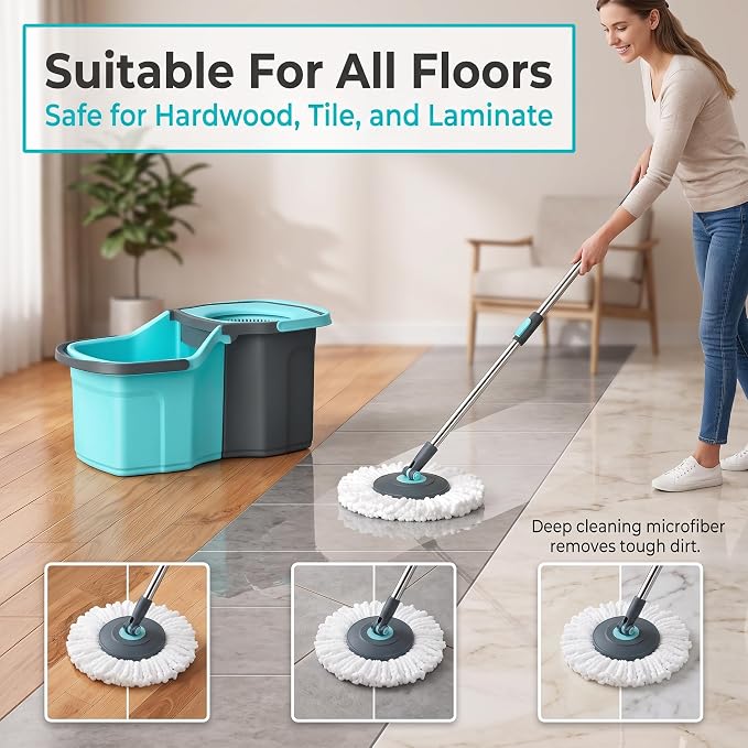 Spin Mop and Bucket Set with 2 Mop Heads, Teal and Grey | Hands-Free Wringing, Detachable Bucket, Deep Clean Microfiber, All Floor Types, Stainless Steel Handle