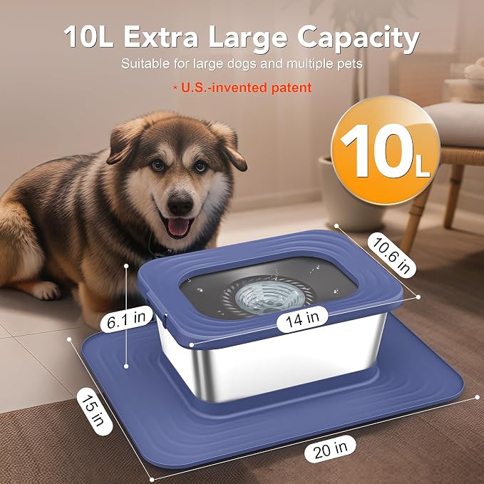 Decflow 10L Stainless Steel Dog Water Bowl, No Spill Anti-Splash Bowls | Slow Drinking for Messy Drinkers, XXl Anti-Skid Silicone Mat,Heavy Duty Pet Bowls for Indoor/Outdoor Use
