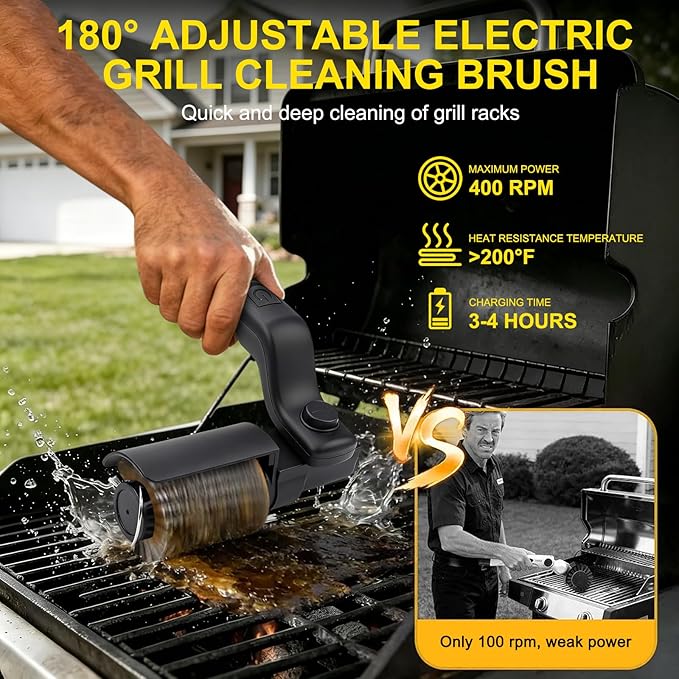 Maxmartt Electric Grill Brush, High Torque Grill Brush with 3-Speed Modes, 180° Electric Grill Cleaning Brush BBQ Cleaner Safe for Porcelain Cast Iron Stainless Steel, Reinforced Steel Bristles
