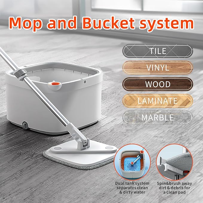Spin Square mop and Bucket System with Wringer Set for Home with 2 Mop Pads (Grey,White)