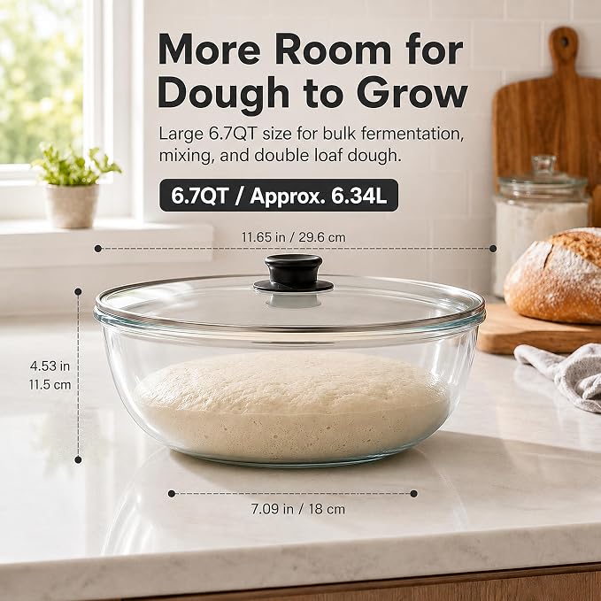 6.7 QT Sourdough Proofing Bowl with Glass Lid, Large Borosilicate Glass Bowl for Bread Dough Rising, Clear Mixing Bowl for Sourdough Bread Making, Baking, Salad and Food Prep