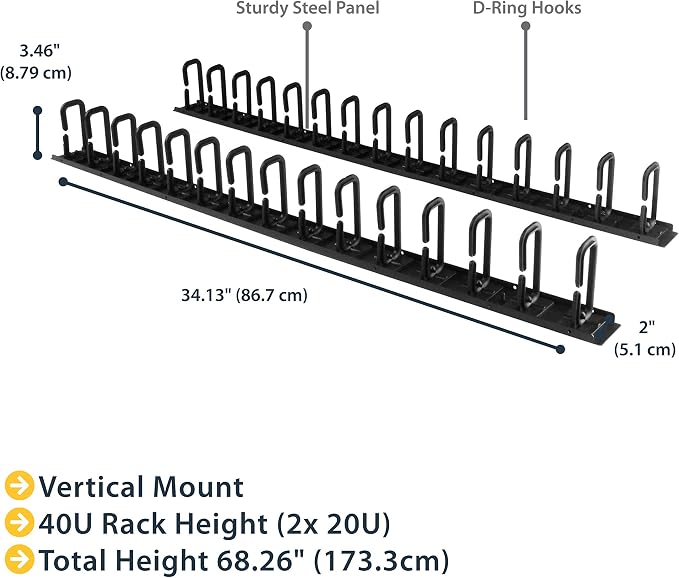 StarTech 40U Vertical Server Rack Cable Manager, 2-Pack 3ft (CMVER40UD) | 2-pack 20U network rack cord manager panels, D-ring hooks, 30 integrated D-rings, 2x 3ft (91cm) wire organizers, 19in rack