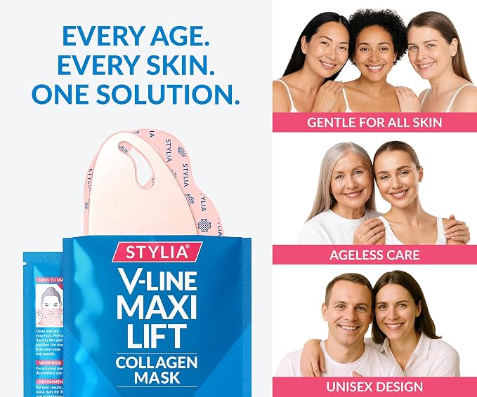 Stylia MaxiLift V-Line Lifting Collagen Face Mask - Double Chin Strap - Jawline Shaper - Neck Firming and Tightening Mask with Hyaluronic Acid & Aloe Vera - Chin Strap for Sleeping (10PC)