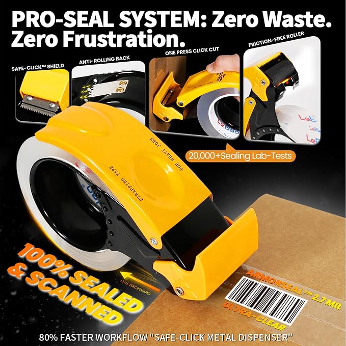 Heavy-Duty Packaging Tape with Dispenser, 6 Rolls Packing Tape, 2 inch x 66 yd. x 2.8 mil per roll, Strong Adhesive HD Clear Package Tape for Pack Boxes Shipping Supplies Moving