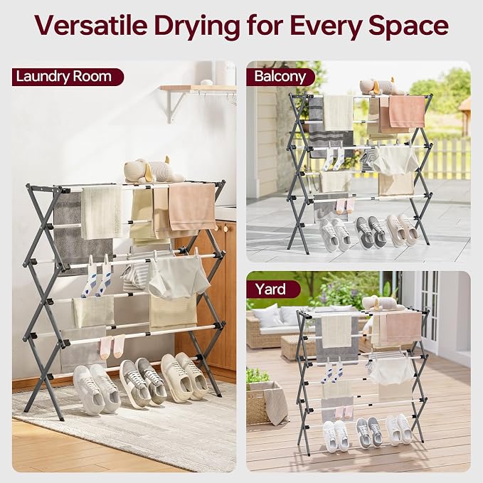 APEXCHASER Large Clothes Drying Rack, Metal Expandable Laundry Rack, 44.88" Height, Adjustable Width 20.87-35.43in, Space Saving Foldable, Indoor Outdoor Use for Laundry, Towels, Shoes, Grey White