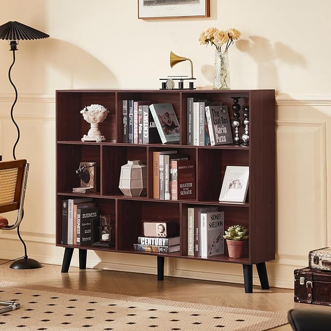 LEYAOYAO 10 Cube Bookshelf, Mid-Century Modern Book Shelf with Legs, Walnut | 3 Tier Bookcase, 55" Wide Rustic Wood Bookshelves Large Storage Organizer, Open Shelves for Bedroom, Living Room, Office