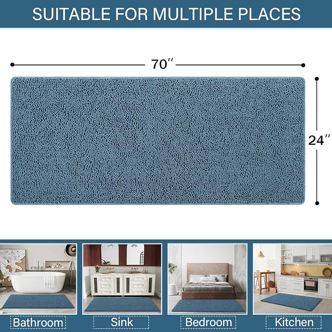 LOCHAS Luxury Bathroom Rug Shaggy Bath Mat 24 x 70 Inch, Denim Blue | Washable Non Slip Bath Rugs for Bathroom Shower, Soft Plush Chenille Absorbent Carpets