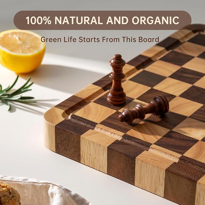 Wooden Cutting Boards for Kitchen, 1.2" Checkered Cutting Board | 17" x 12" Walnut Chopping Board with Juice Grooves & Handles, Double-sided Butcher Block for Prep & Serving with Gift Box