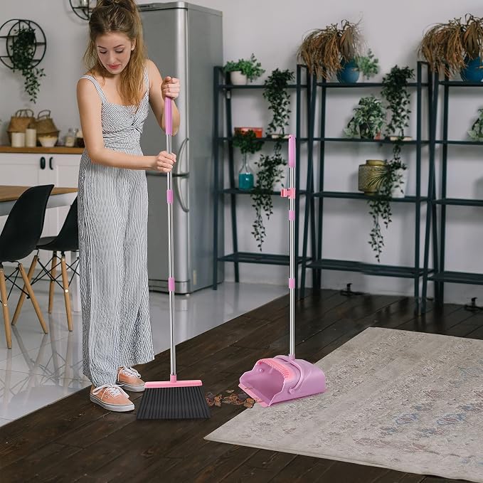 Broom and Dustpan Set for Home, Office, Indoor&Outdoor Sweeping, Stand Up Broom and Dustpan (Pink)