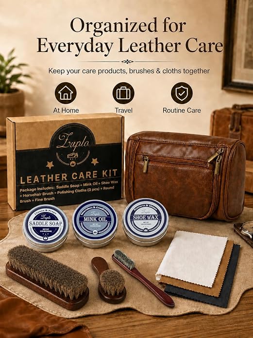 Leather Care Kit, 3.53 oz Saddle Soap, Mink Oil & Neutral Shoe Wax, Shoe Shine Kit with 3 Brushes, 3 Cloths & Bag