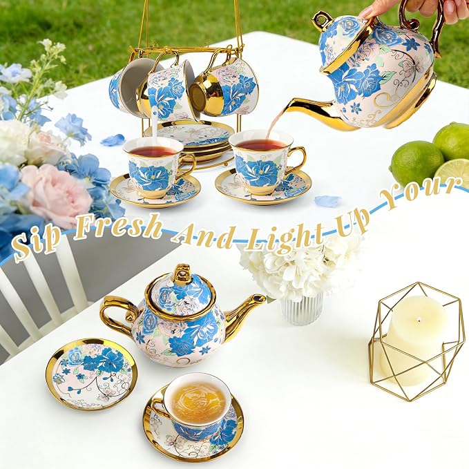 ALIMOTA 20 Pcs Porcelain Tea Set with Metal Holder and Spoon, European Ceramic Tea Set for Adults, European Flower Painting Teapot Cup Saucer Spoon Set for 6, Gift Pack (Blue and Pink)