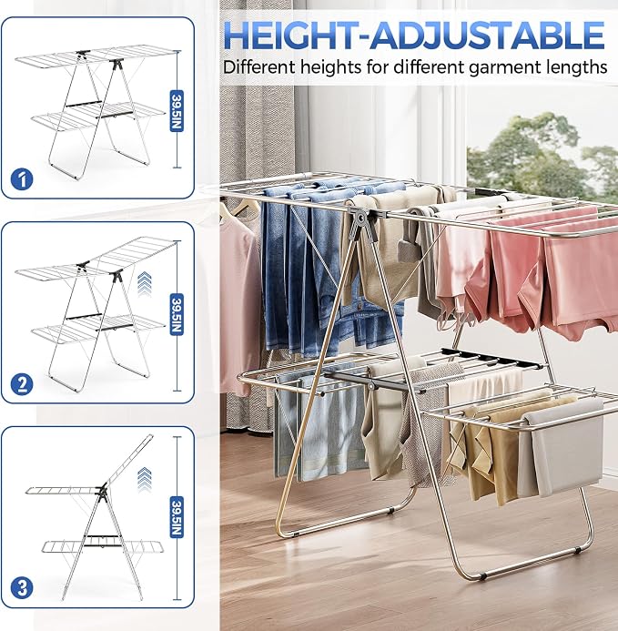 APEXCHASER Clothes Drying Rack, Foldable 2-Level Drying Rack Clothing, Stainless Steel Free-Standing Laundry Airer, with Height-Adjustable 4 Wings, Matte Black