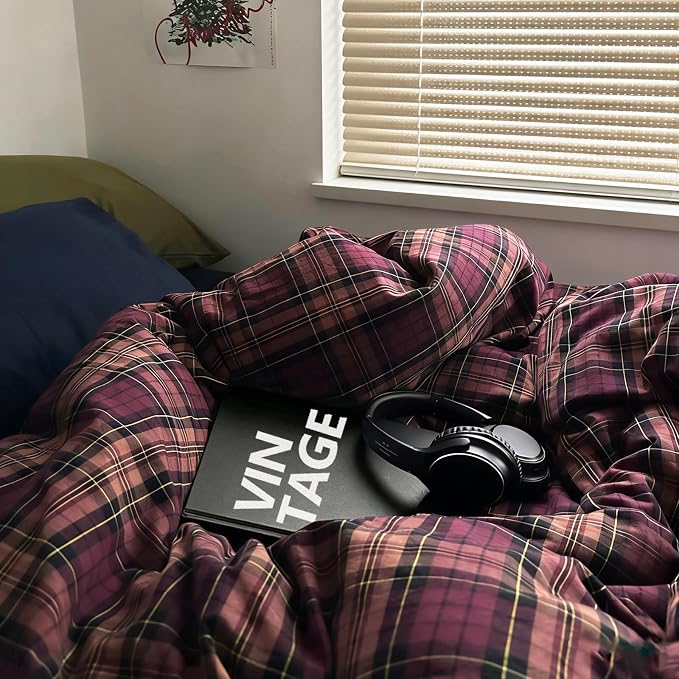 mixinni Vintage Burgundy Buffalo Plaid Comforter Cover Set King Size - 3 Piece Mid-Century Modern Washed Cotton Bedding, Soft Breathable Grid Duvet Cover with Matching Pillowcases for All-Season