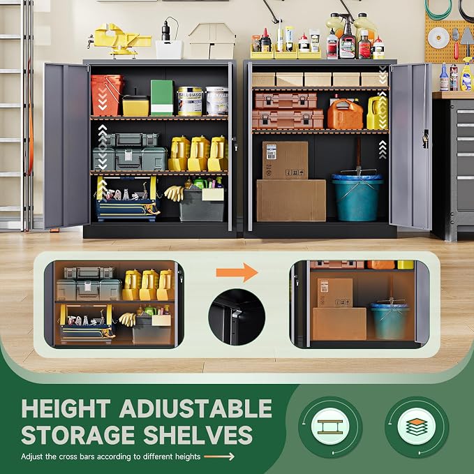 Metal Storage Cabinets with Lock Door,2 Adjustable Shelves Organizer Steel Storage Cabinets for Home,Office,Warehouse,Garage,Employee Lockers(Black Gray)