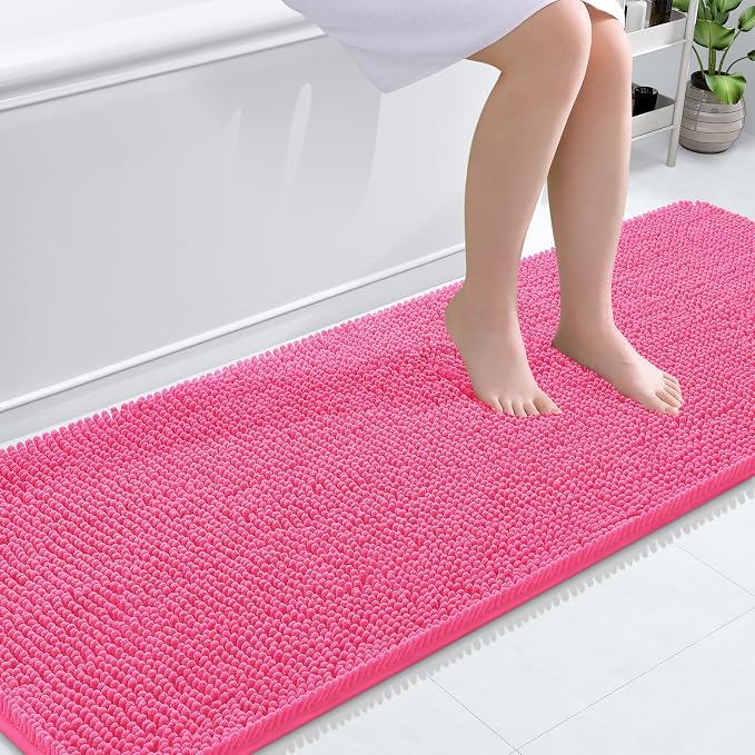 OLANLY Bathroom Runner Rugs 70x24, Soft Absorbent Chenille Bath Rugs, Rubber Backing Quick Dry, Machine Washable Long Bath Mats for Bathroom Floor, Tub and Shower, Home Decor Accessories, Hot Pink