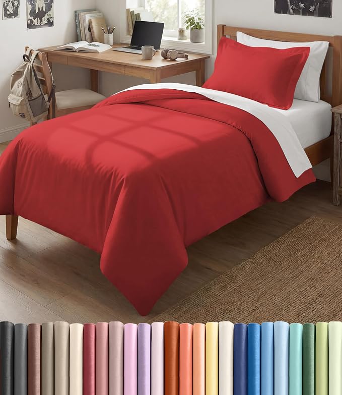Duvet Cover Twin/Twin XL Size Set - Extra Soft Twin/Twin XL Duvet Cover 68" x 90" with 1 Pillow Sham for Women, Men, Kids & Teens - Breathable, Easy-Care & Fade Free w/ Zipper Closures & Ties (Red)